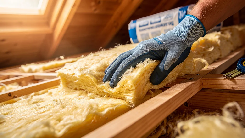 Fiberglass batt insulation being laid between attic joists