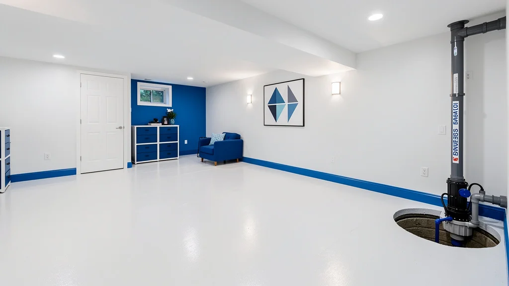 Clean finished NJ basement with sump pump system and sealed walls