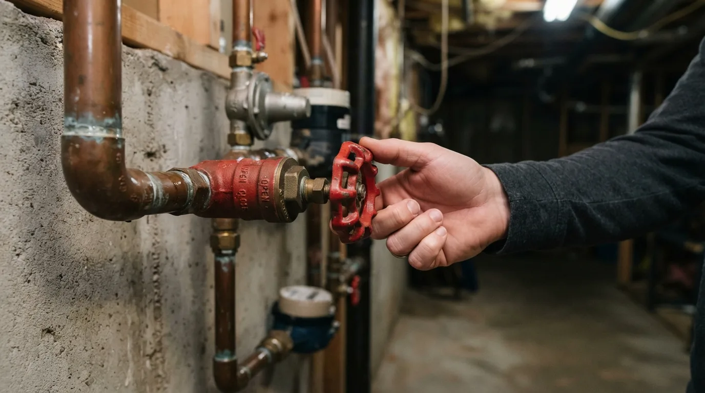 Homeowner shutting off the main water valve in a NJ basement