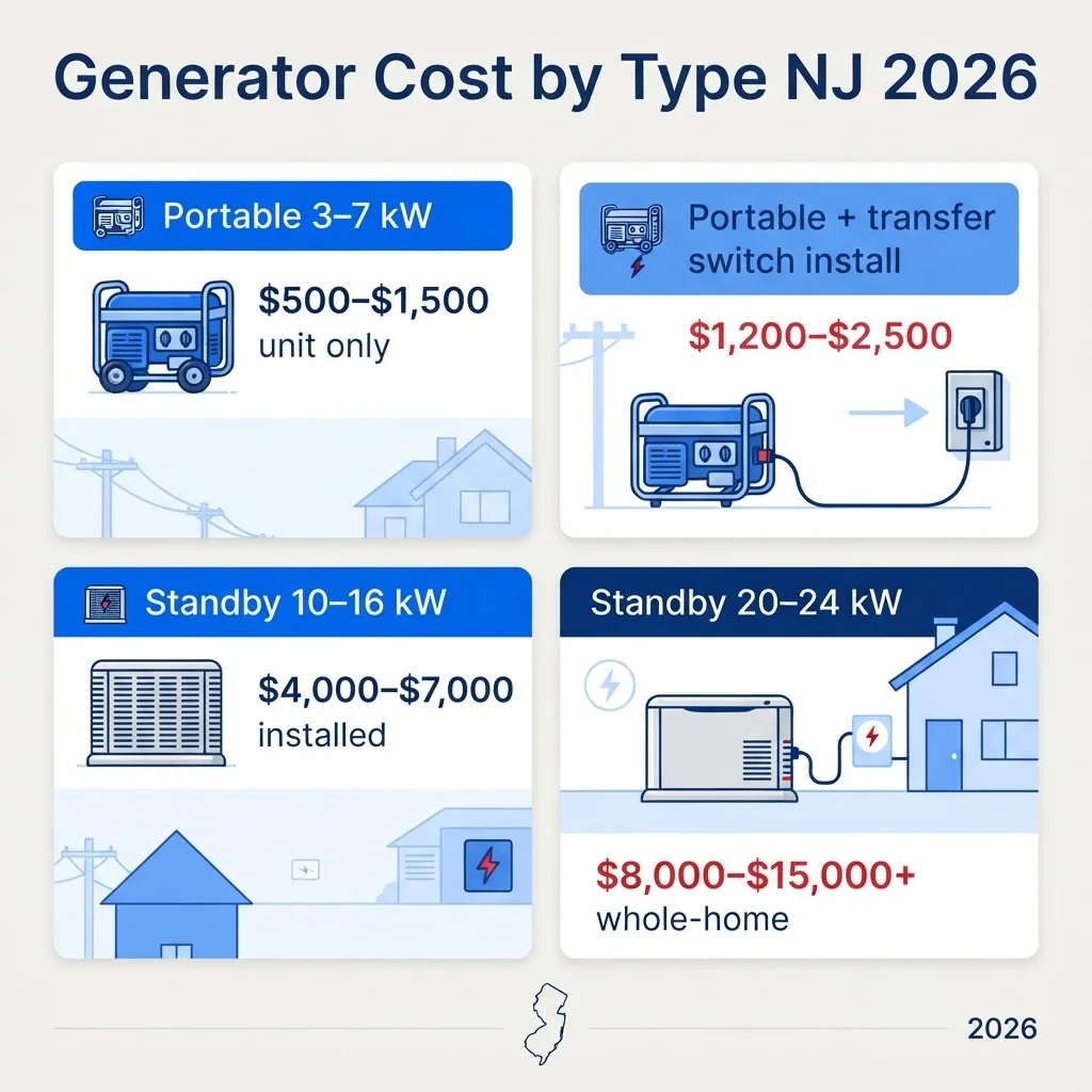 Infographic: home generator cost by type NJ 2026