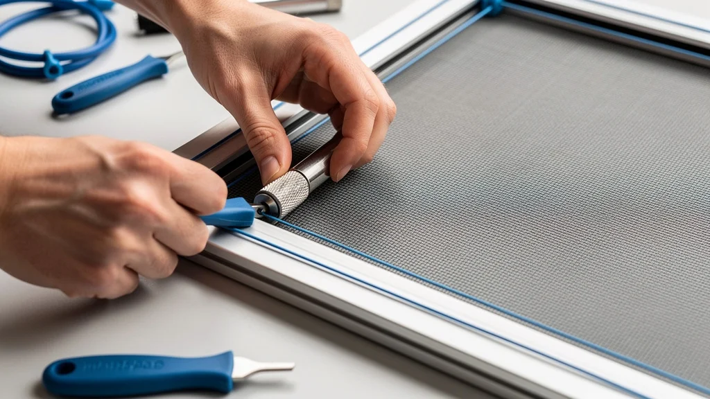 Close-up of hands installing fiberglass mesh into a window screen frame