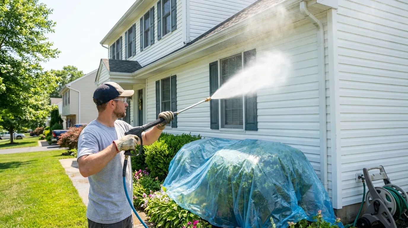 Homeowner safely power washing vinyl siding on a NJ home