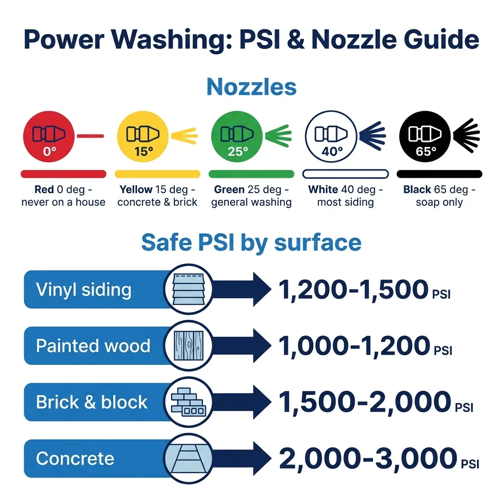 Infographic: power washing PSI and nozzle guide by surface