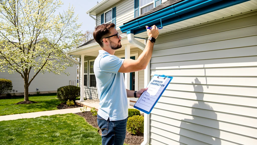 Homeowner inspecting home exterior and checking off maintenance list