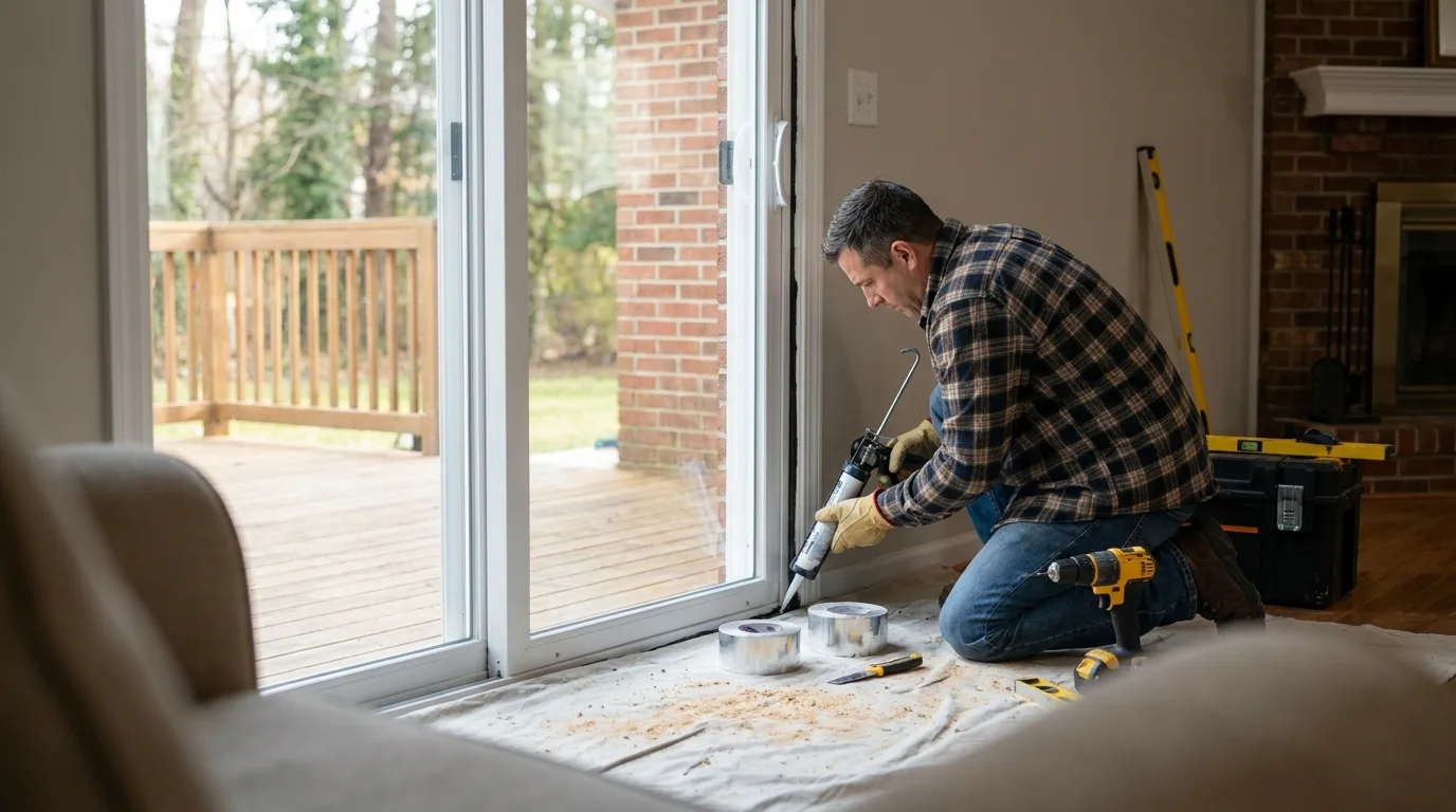 Installer fitting a new sliding glass patio door in a NJ home