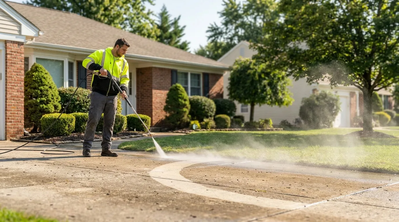 Pressure washing a concrete driveway at a NJ home