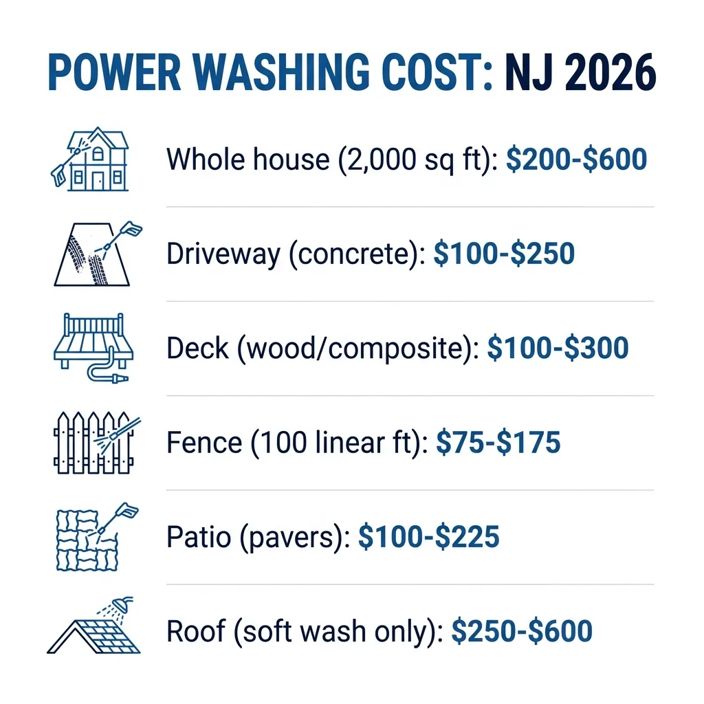 Infographic: NJ power washing cost by surface 2026