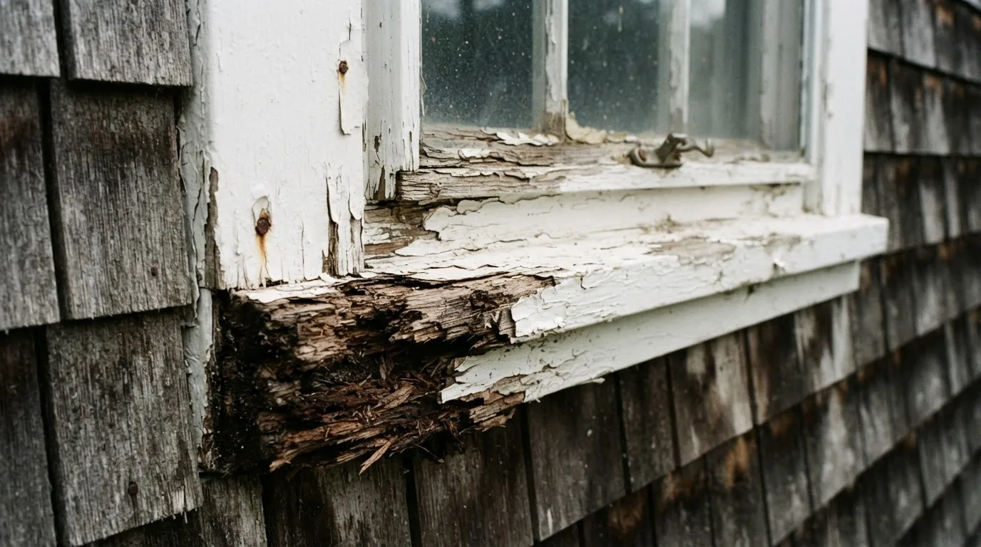 Wood rot on an exterior window sill of a Monmouth County home