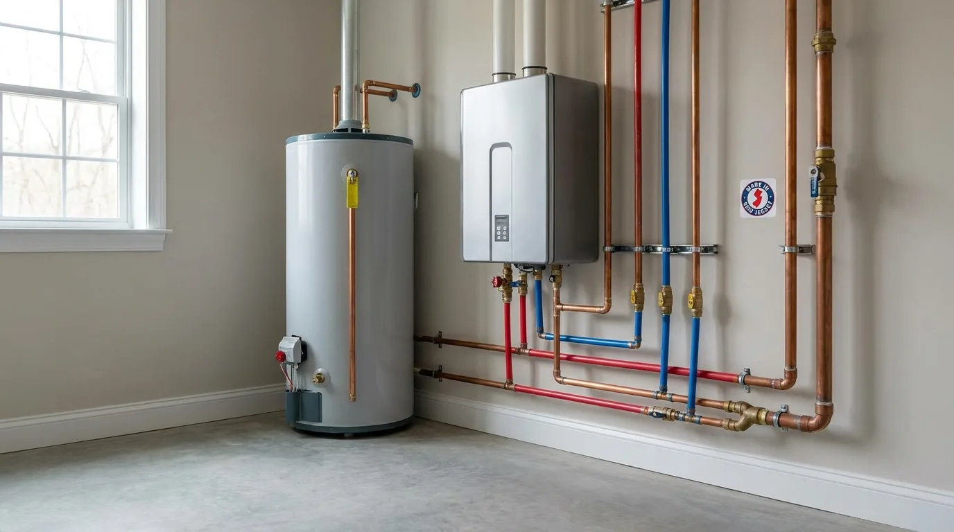 Wall-mounted tankless water heater beside a tank unit in a NJ utility room