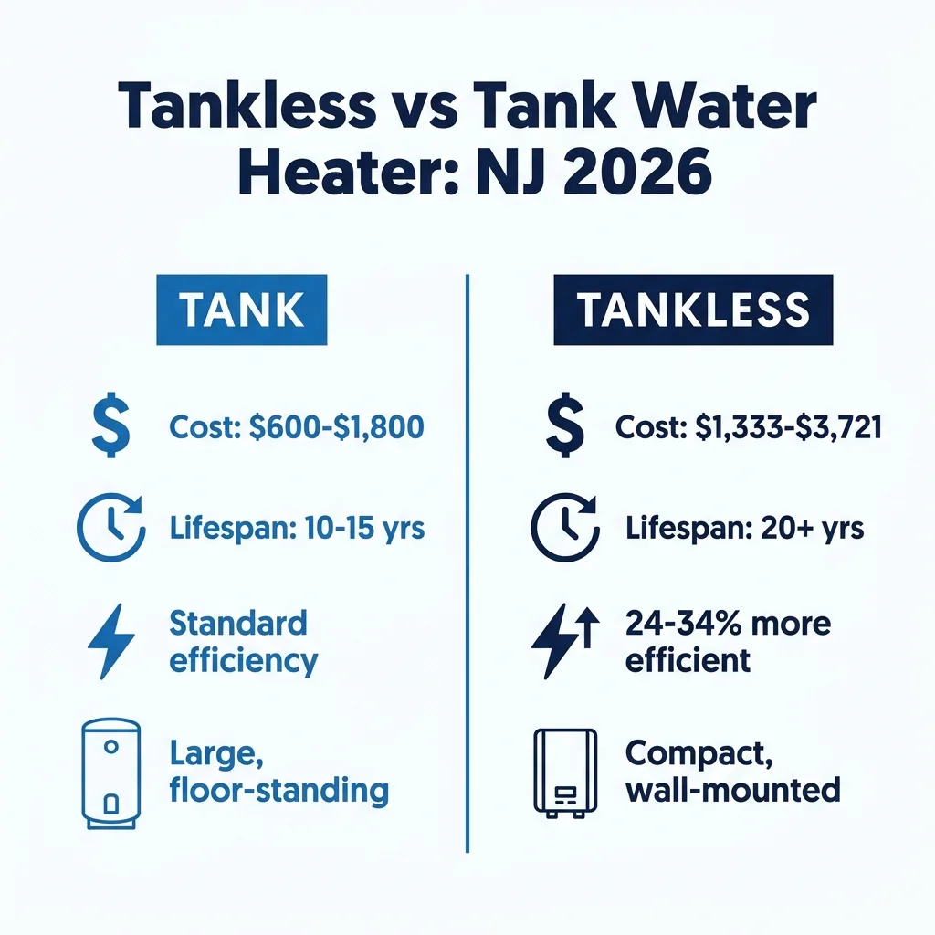 Infographic: tankless vs tank water heater comparison NJ 2026