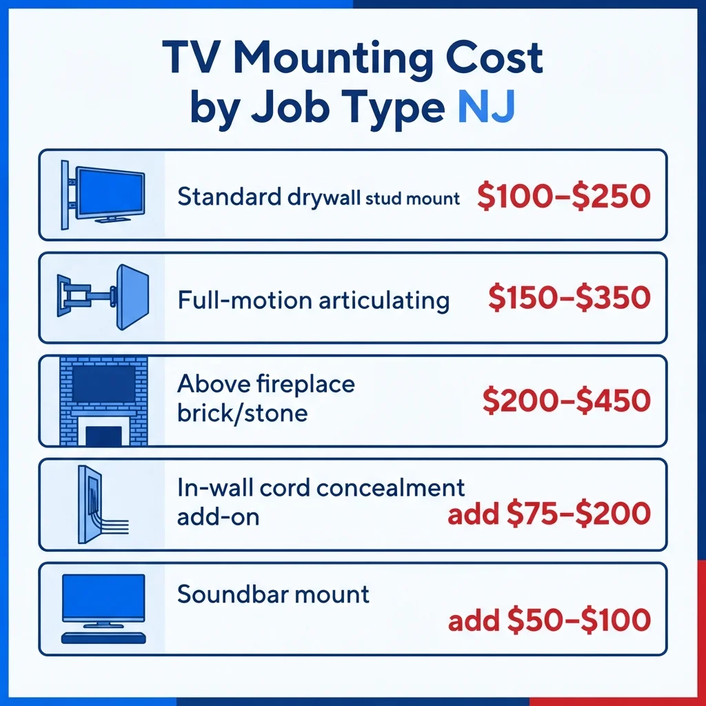Infographic: TV mounting cost by job type NJ 2026