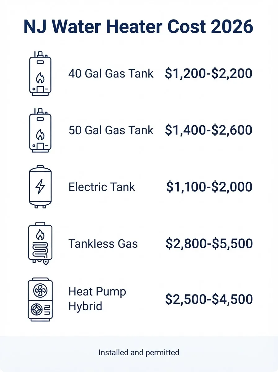 Infographic: NJ water heater replacement cost by type 2026