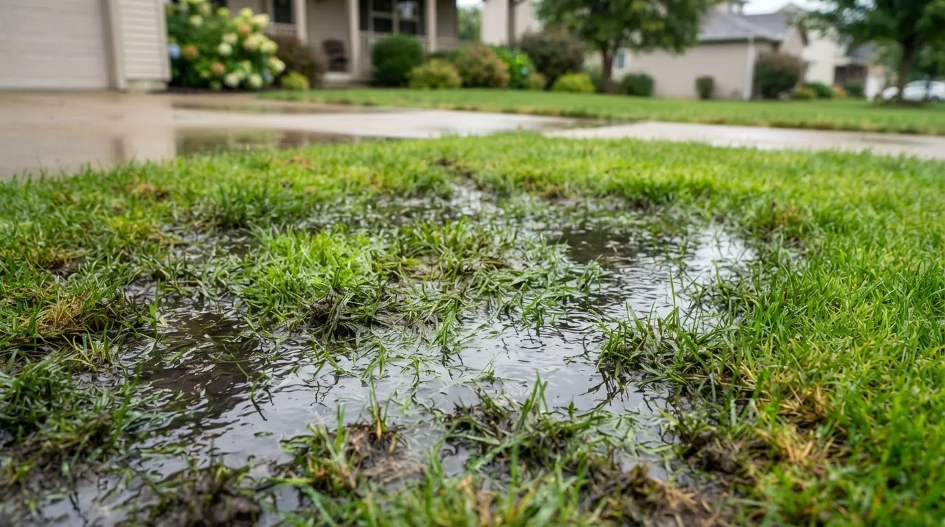Soggy green patch of lawn over a leaking underground water service line